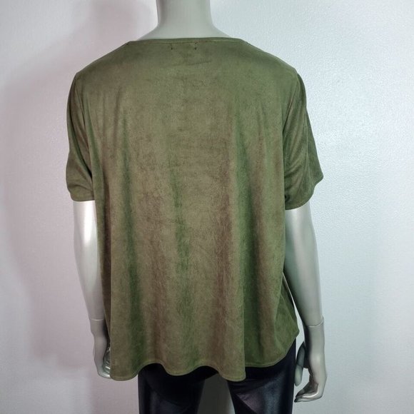 Falls Creek Top Plus Sz 2X Faux Suede Lace Up Cropped Stretch Short Sleeve Green - Picture 4 of 6